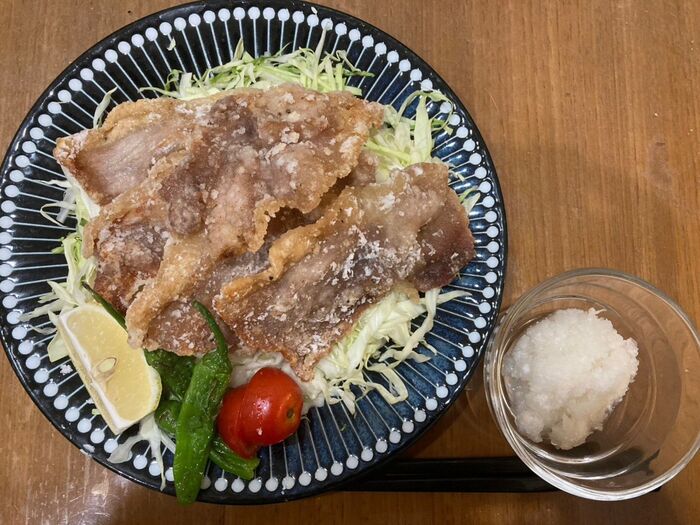 薄切り豚肉の塩唐揚げ大根おろし添え♪