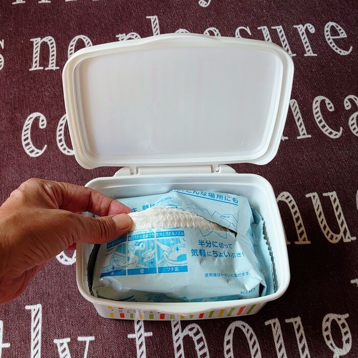 ケースに入れると、取りやすい…が、しかし、きちんとフタをしても乾燥しやすい