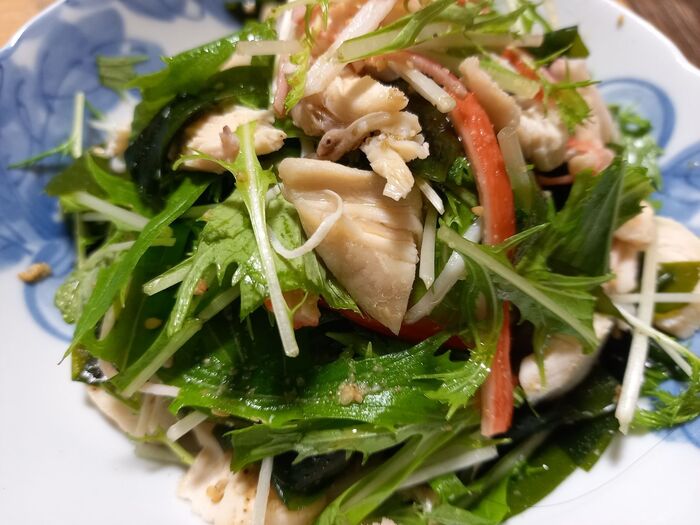 鶏むね肉とワカメと水菜のサラダ