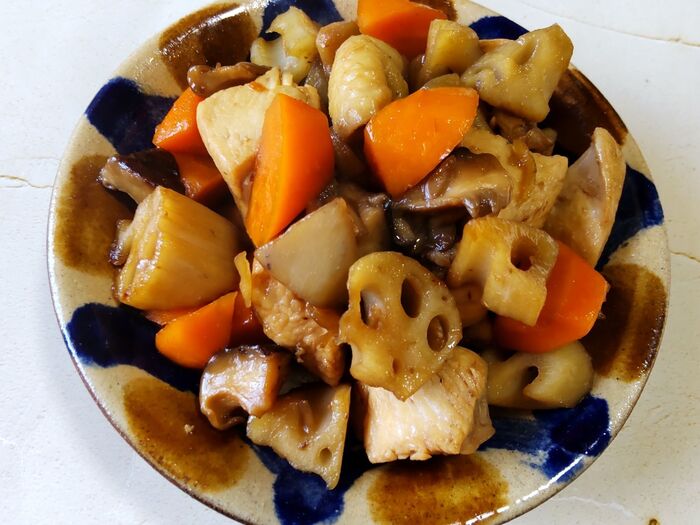 簡単!フライパンde作る、鶏むね肉と蓮根たっぷり炒り鶏ー!