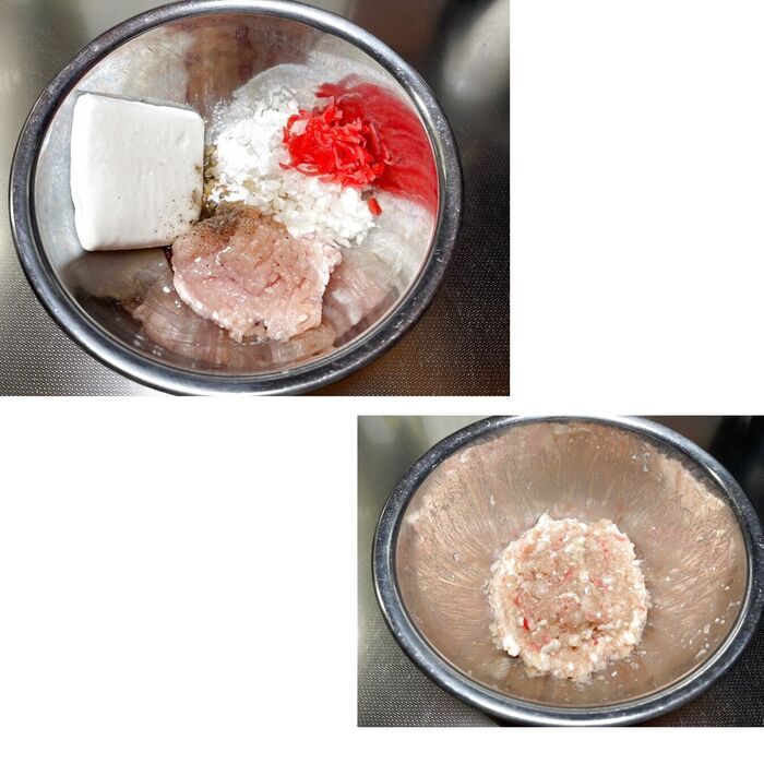 肉ダネをよく練って混ぜ合わせる