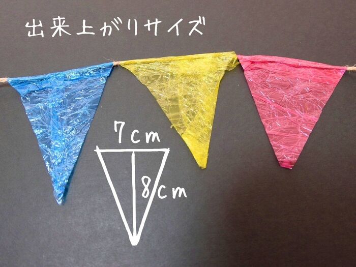 赤、青、黄色のデコラップでフラッグ型にカットします