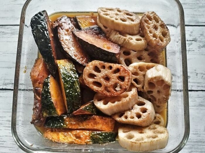 揚げて浸すだけ♡シャキホク♪蓮根カボチャの揚げびたし