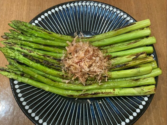 アスパラで茹でないサッパリお浸し♪