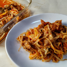 労力&お財布も節約!火を使わない、電子レンジで作る!もやしたっぷり豚キムチ~!