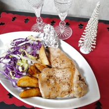 カロリー調整、ローストチキンは半分ずつよ!