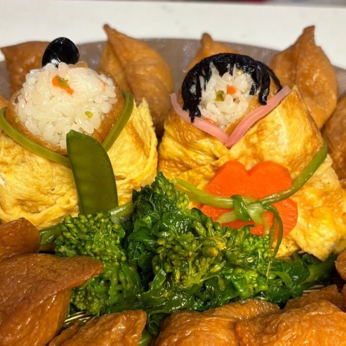 最後に絹さやと紅ショウガの半襟でお洒落して完成しました!