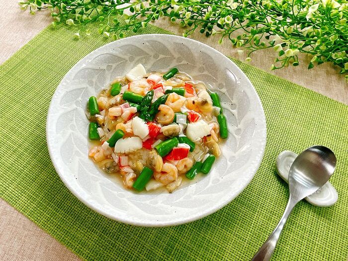 【シーフードとアスパラのあんかけご飯】便利な野菜だし使用!