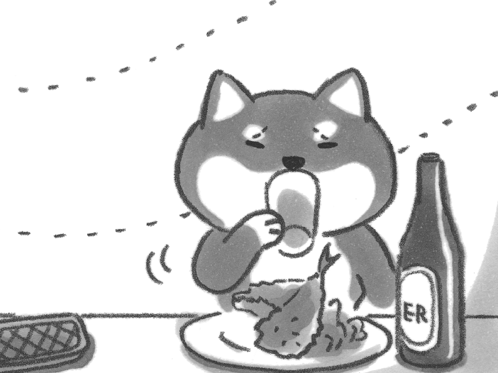 眉をきゅっと寄せて、ビールをひと口。「柴犬が…ビール飲んでる!」【柴犬食堂#6】