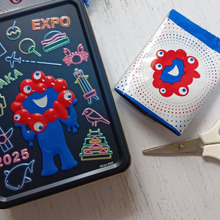 お菓子缶とお菓子の袋、無印良品で万博各国の入館パビリオンスタンプ手帳を手作り!保存箱にも