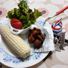 【お家dinner】白い子、さらだ、唐揚げ