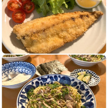 大~きな鯵フライと秋刀魚のパスタ「天然魚で美味しい食卓」