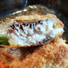 肉厚ふわっふわっ!タレはコレ!香味広がるボラのチーズフライ!衣サクサク!白身魚のフライのタレ!