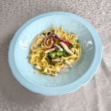 平たいパスタで豆乳クリームパスタ!塩分控えめでも味はしっかり