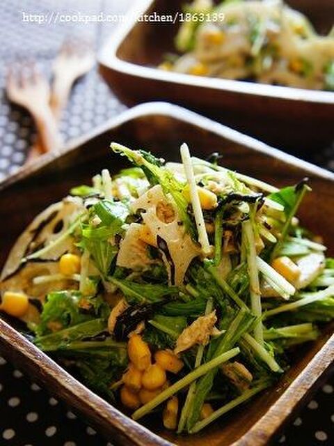 乾物レシピ デリ風 水菜れんコーンひじきのごまダレサラダ 暮らしニスタ