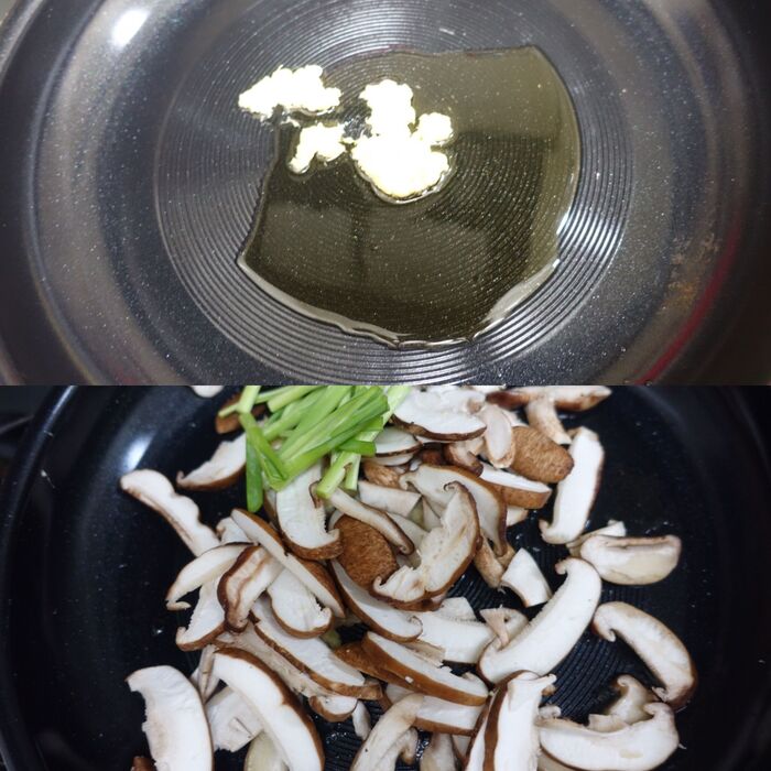 椎茸とニラの白い部分を炒める。