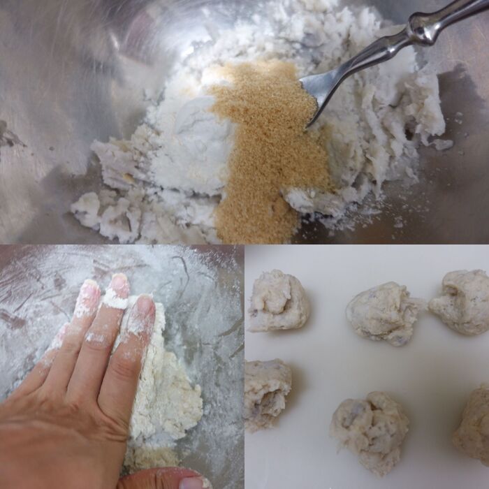 里芋に粉、ラカントをいれてよく混ぜ成形する。
