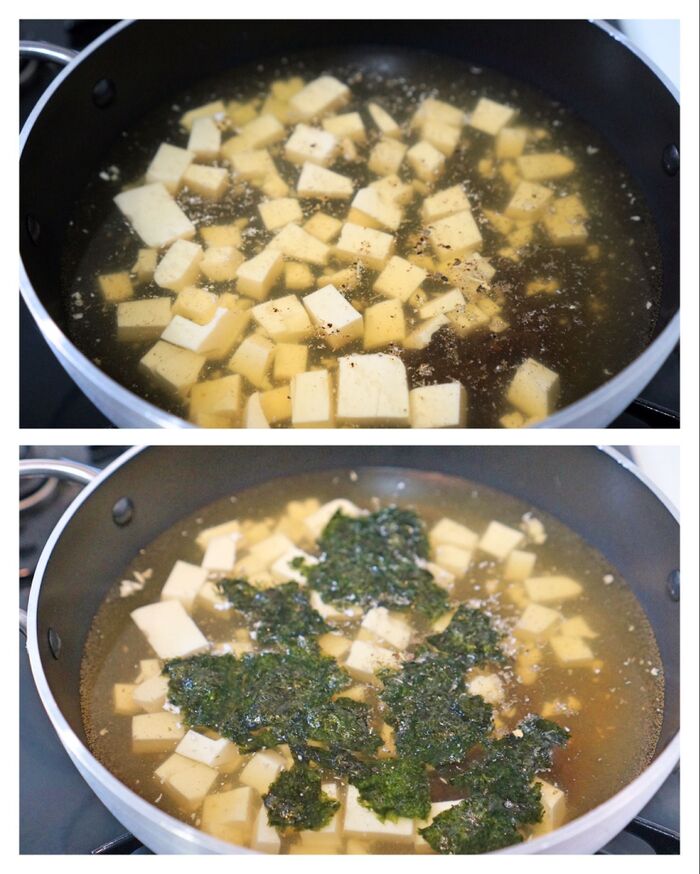 ②お湯を沸かして豆腐を刻んでスープ作り