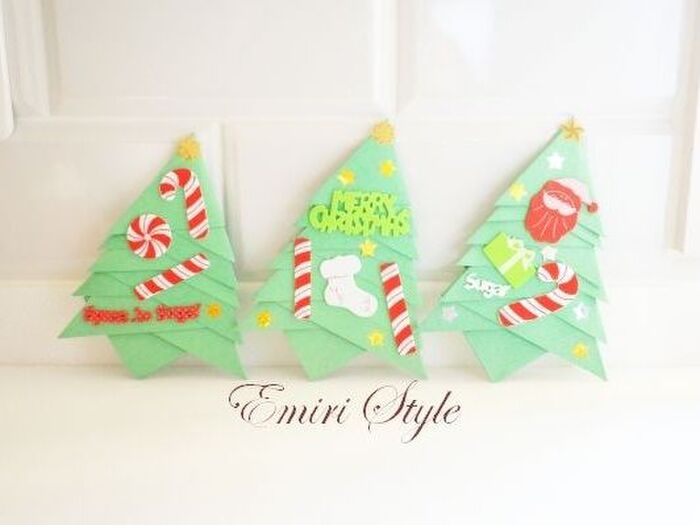 画用紙で簡単！ぷっくり可愛い♡立体的ツリーのクリスマスカード☆ツリーの折り方♪子供と工作♡