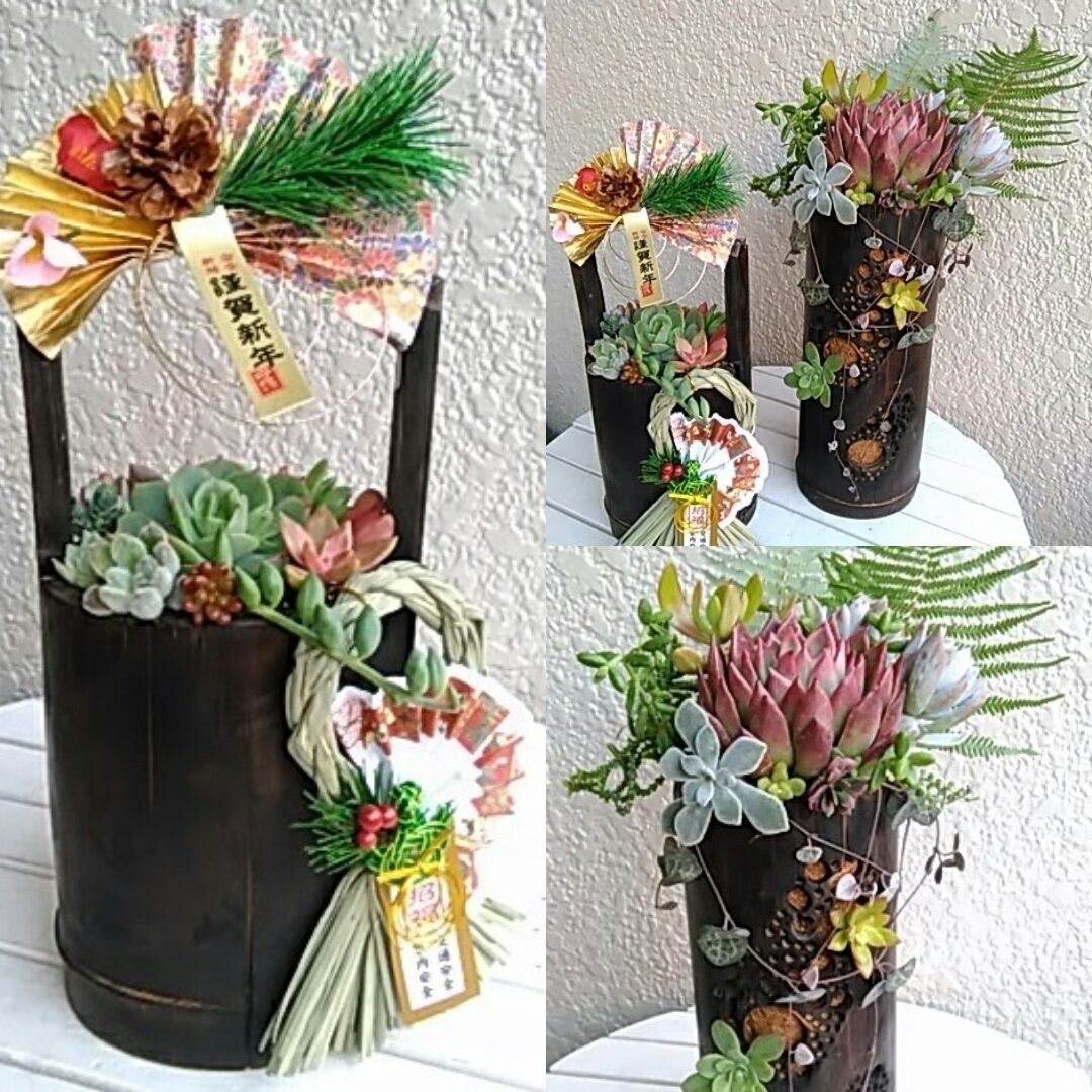竹の鉢で多肉植物を使ったお正月飾り 17年版 暮らしニスタ