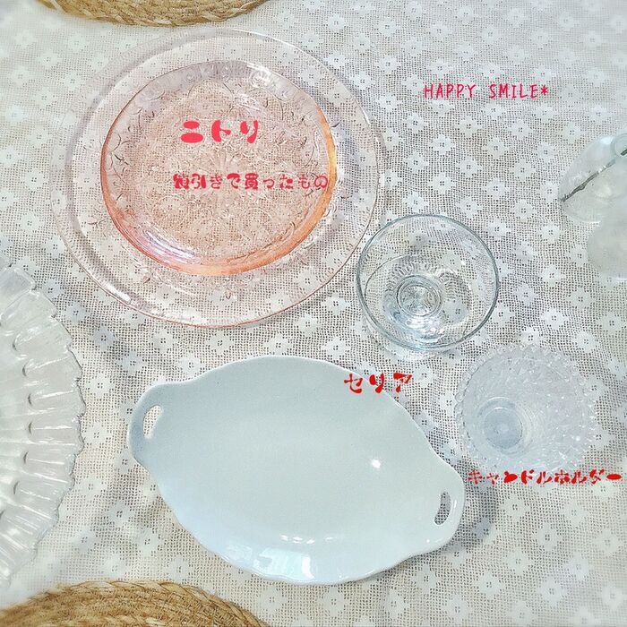 アイテム③ガラス皿、100均のお皿、キャンドルホルダー