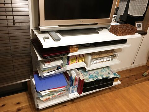 棚柱でテレビ台をdiy 子供の勉強道具やプリンターも収納 暮らしニスタ