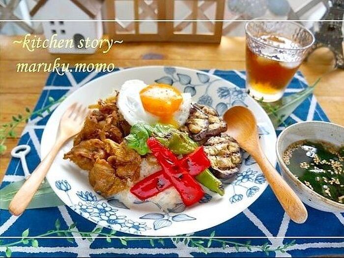 ヘビロテ＊レシピ★豚肉カレーソテー＆グリル野菜のカフェ丼