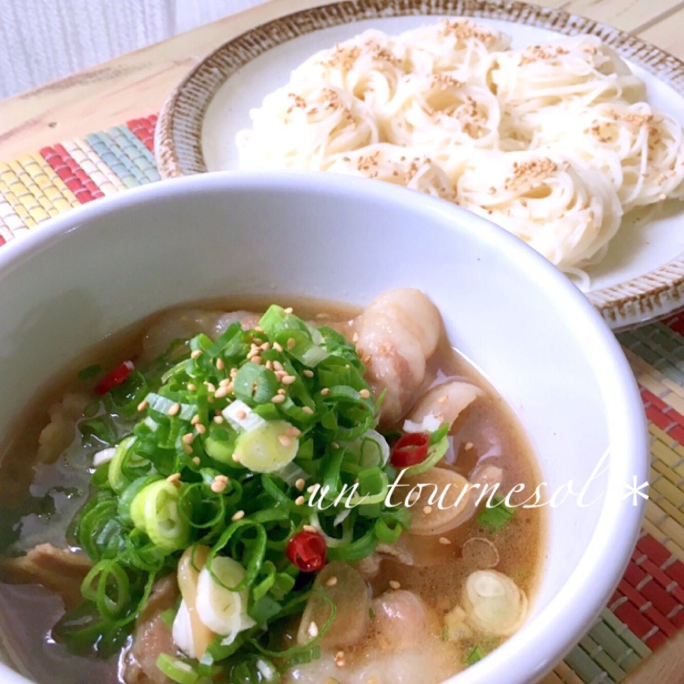 体力アップ効果☆ お昼にオススメ♪ ガッツリ‼ 豚バラにんにくつけそうめん