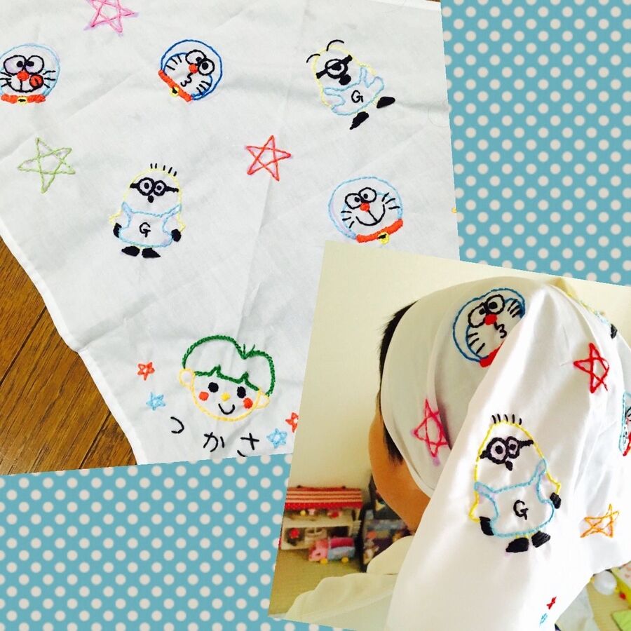 100均無地三角巾を簡単刺繍でドラえもん ミニオンズのオリジナルグッズに 暮らしニスタ