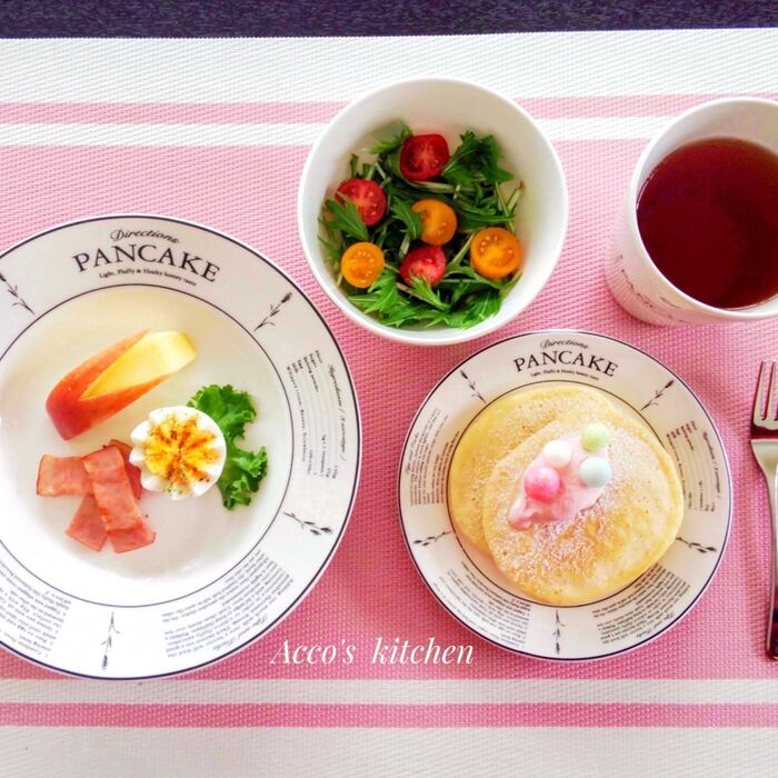 DAISOの食器で🌸春色な〜んちゃってカフェ風ブランチ🌸　　パンケーキブランチ