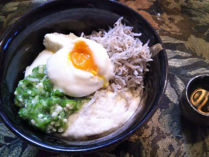 手軽で美味しい＆栄養満点「豆腐・山芋・半熟卵・しらす・オクラ丼」♡