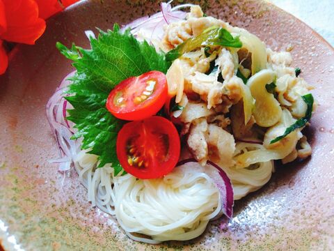 にんにくガツンと さっぱりそうめんと合わせました 豚バラスタミナそうめん にんにくガツンと さっぱりそうめんと合わせました 豚バラスタミナそうめん