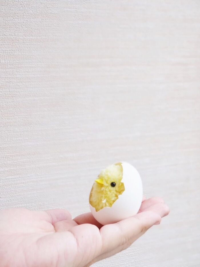 ４）卵の殻に、優しくひよこのポンポンを入れます