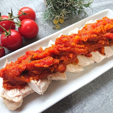 レンジで簡単 蒸し鶏にカボチャトマトケチャコンソメだれのせ 鶏胸肉 鶏肉 暮らしニスタ レンジで簡単 蒸し鶏にカボチャトマトケチャコンソメだれのせ 鶏胸肉 鶏肉 暮らしニスタ