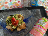 カレー味の竜田揚げ夏野菜たっぷりトマトソース添え