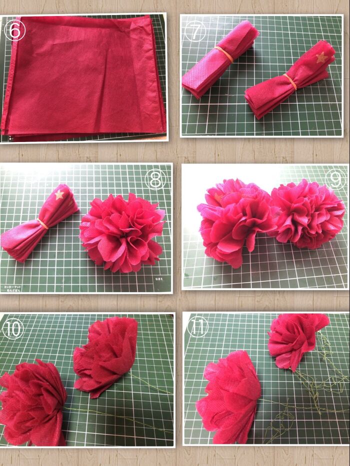 次に赤い不織布でフラワーペーパーのようにフェイクフラワーを作ります。