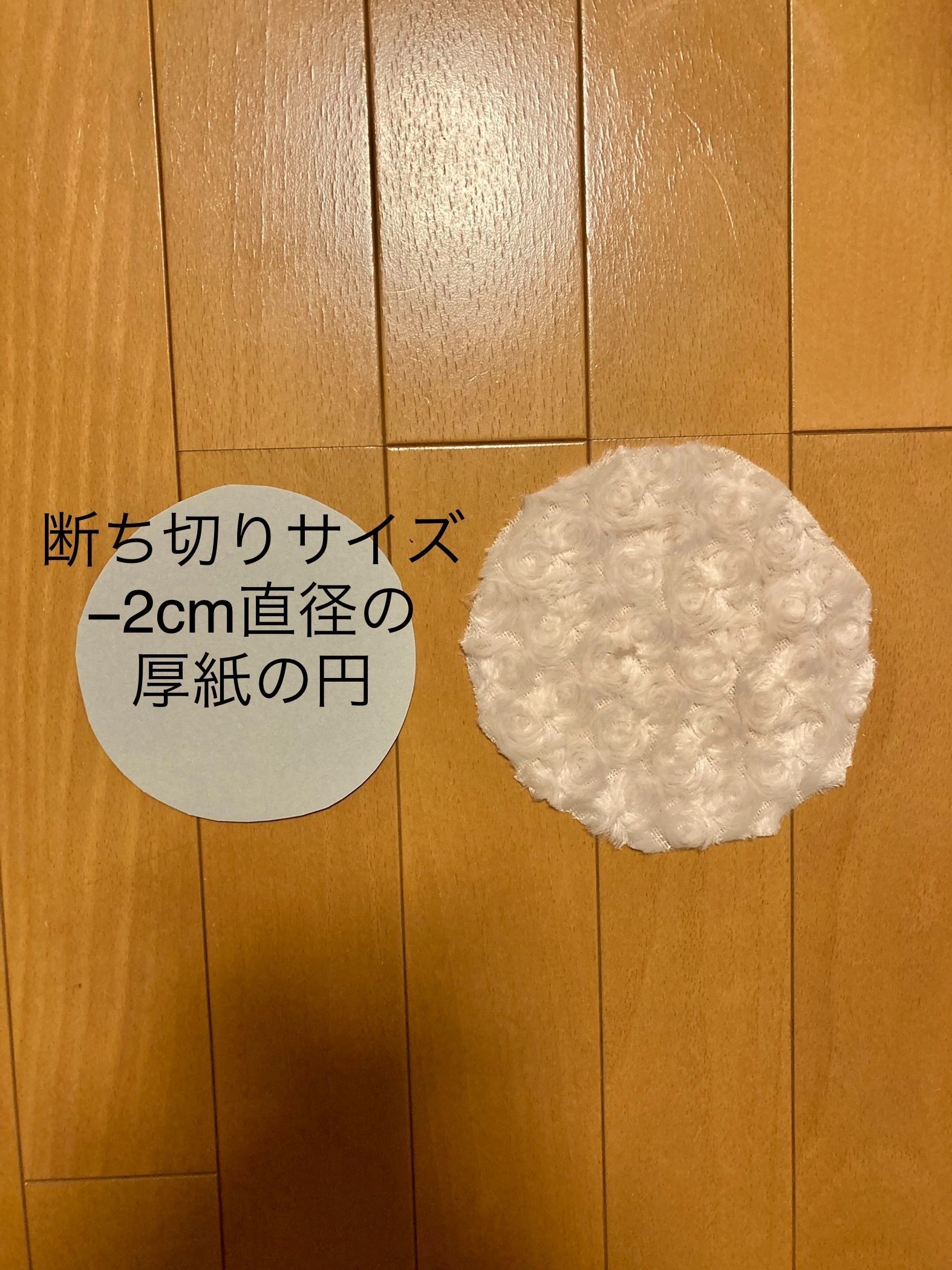 ③顔パーツをぐし縫いし、厚紙を芯にして、絞り円を作る。