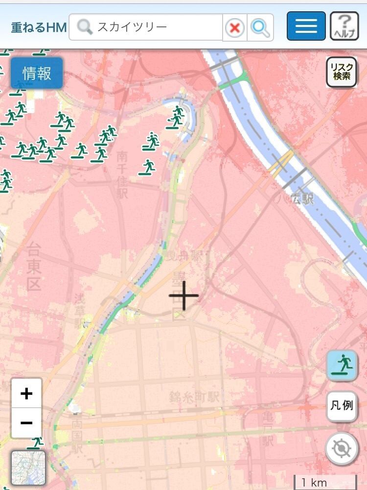 地図を縮小してようやく避難場所が表れました