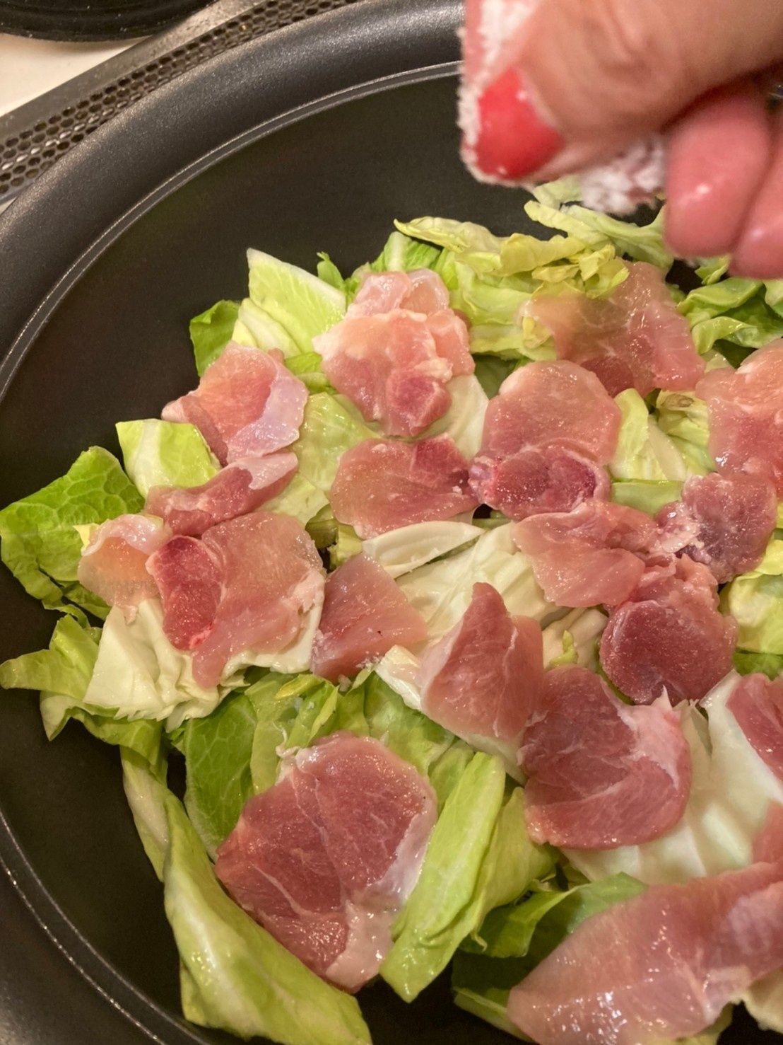 キャベツの上に鶏肉をまんべんなく乗せて塩を振ります