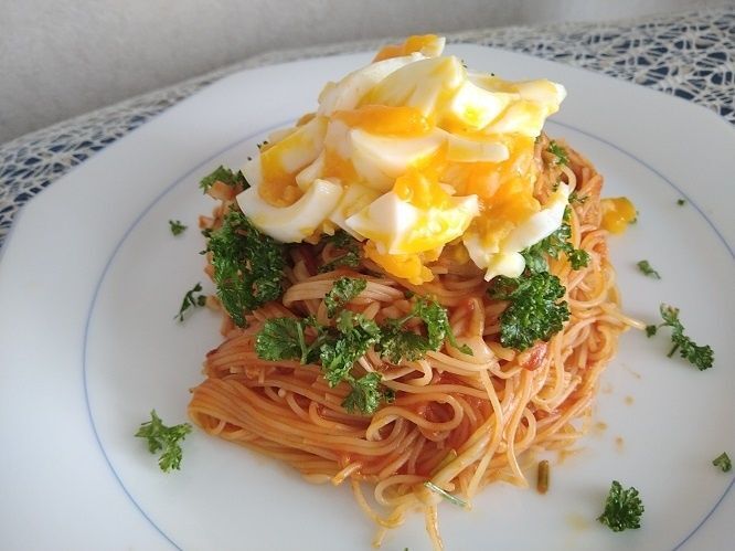 きのこで増量、えのきパスタ