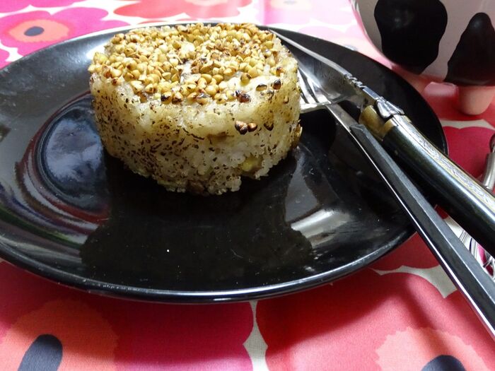 #OnigiriAction   栗ご飯のギャレット蕎麦の実風味。。。おでん添え