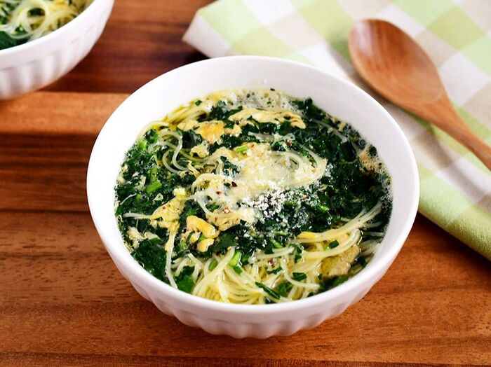 【モロヘイヤのイタリアン卵スープ】便利な野菜だし使用！