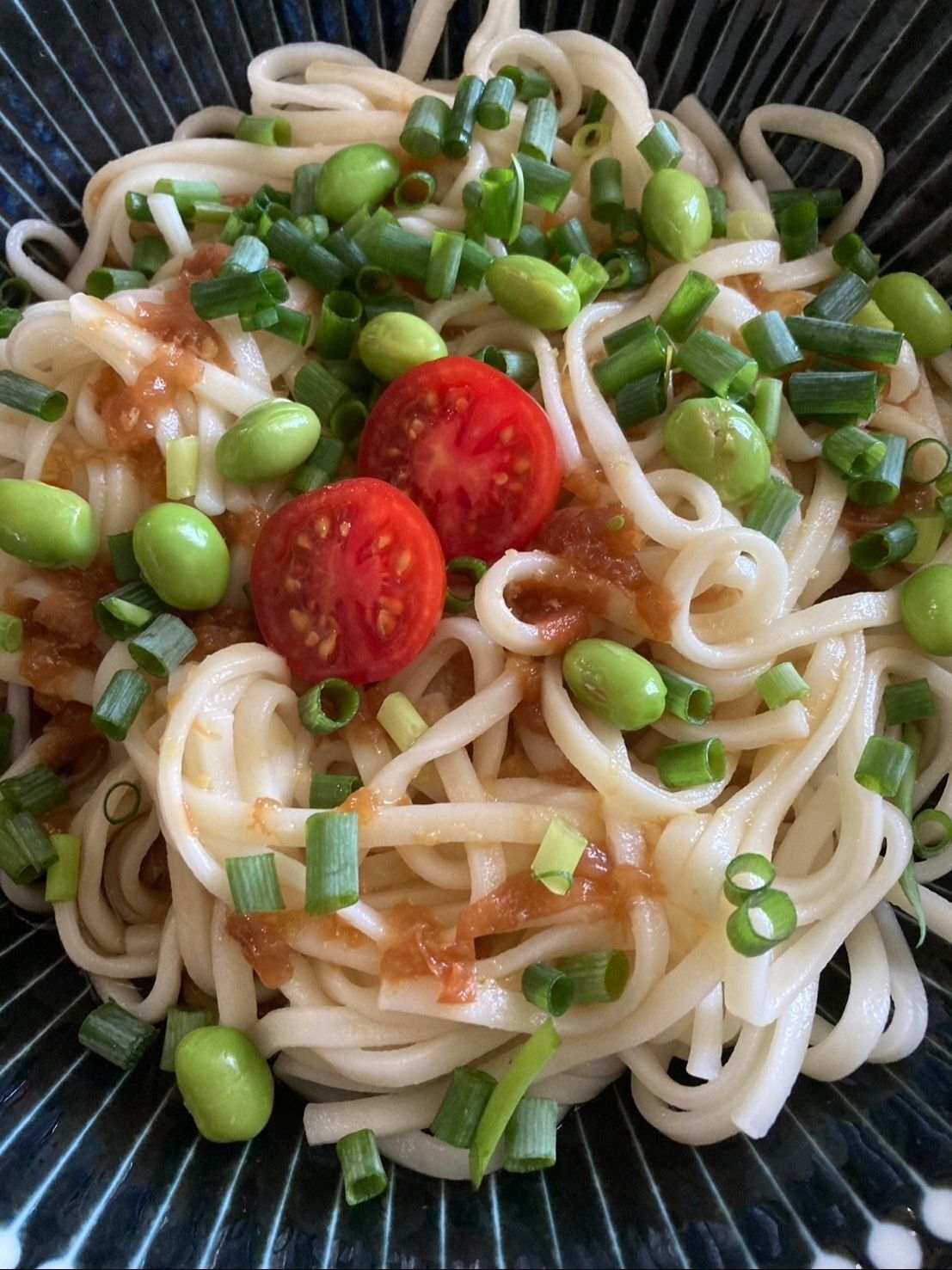 麺の上にかけ汁をたっぷりかけてネギとトマト、えだまめを飾りました♪