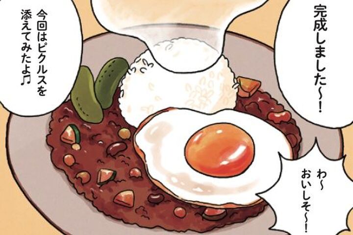 ウハー!うまそう♡目玉焼きも割って混ぜて食べちゃって!【はじめてのキャンプめし#17】