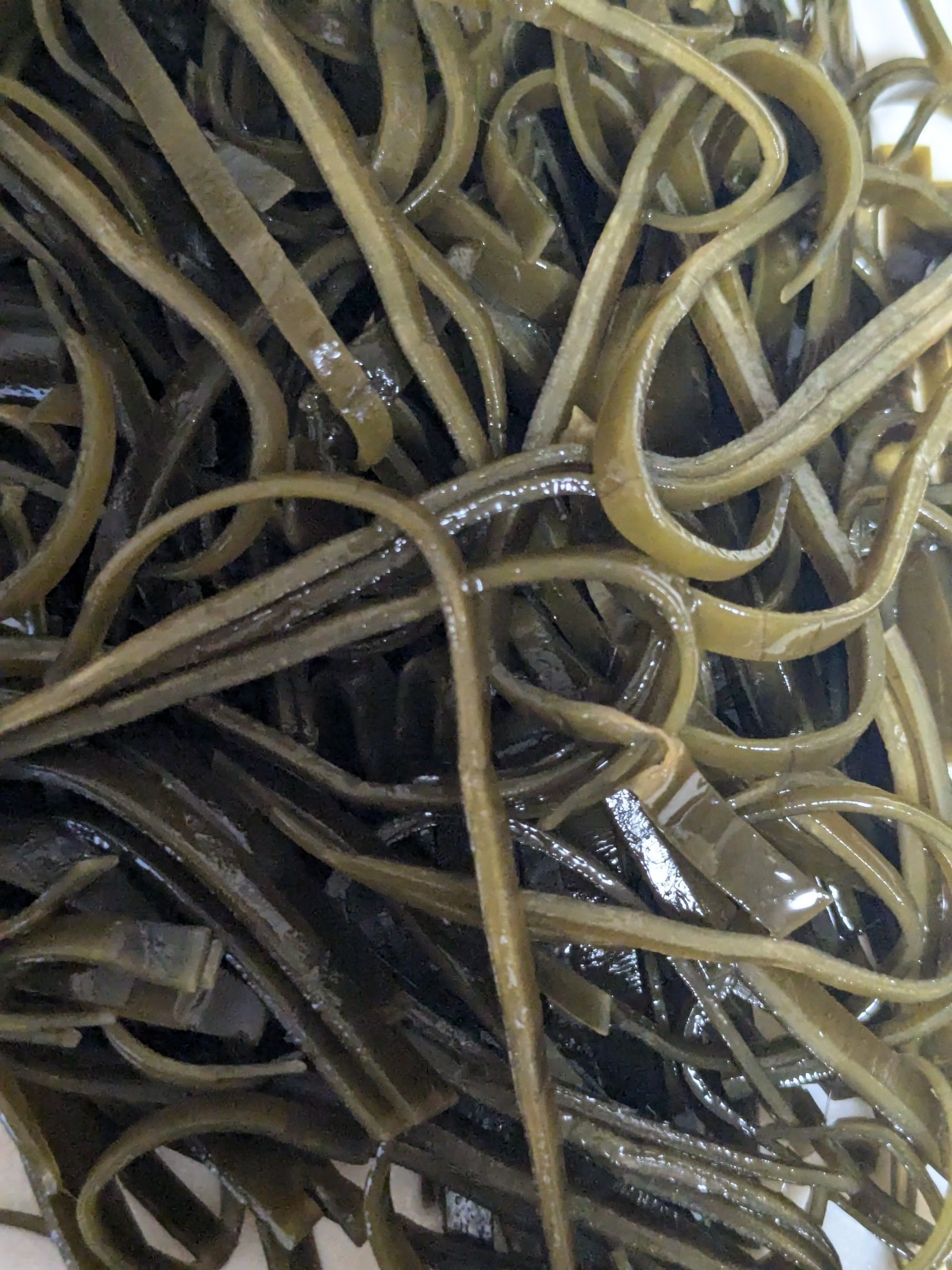 1、昆布を水（分量外）に一晩漬けて戻す。（切り込みはいれなくて大丈夫です。）昆布を千切りにする。＊昆布だしは味噌汁や煮物などにお使い下さい。