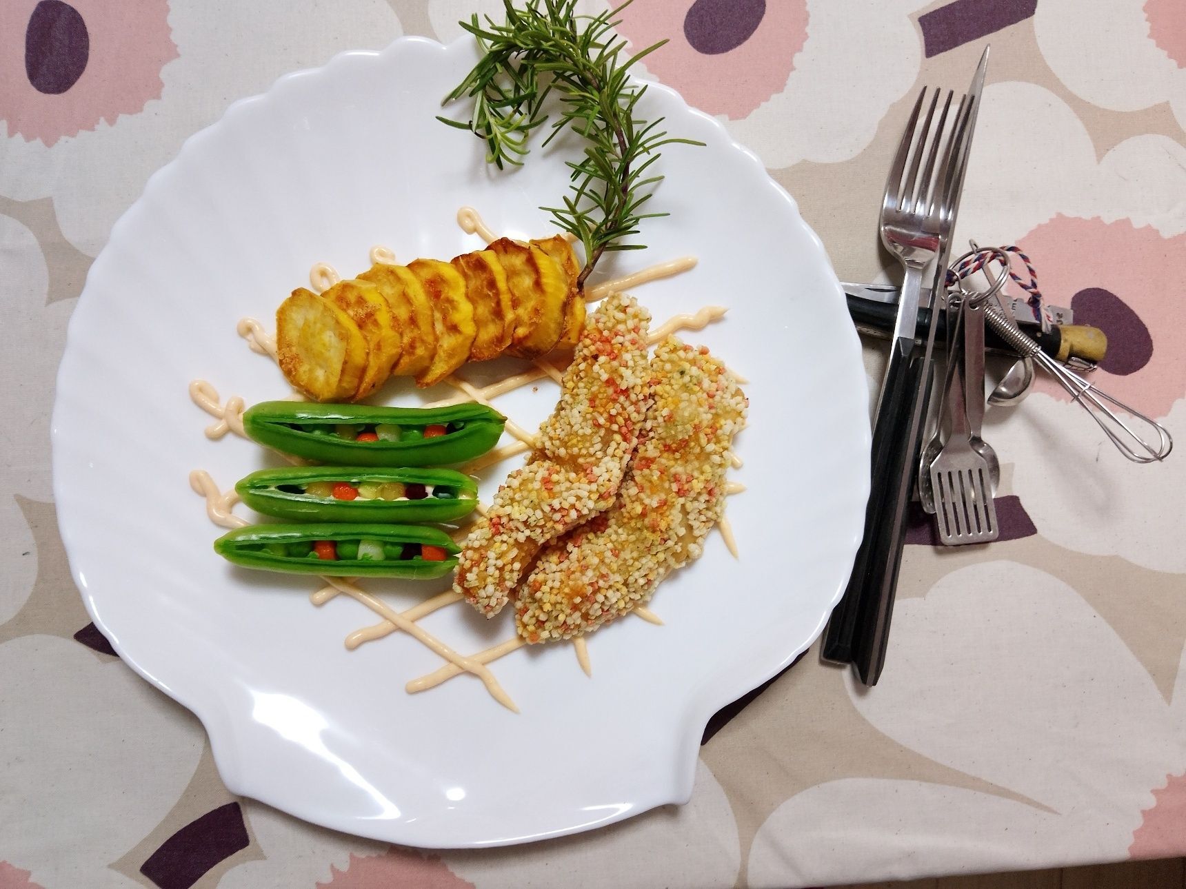 【ある日の夕ご飯】Pangasiusのあられ揚げ、明太マヨの格子で。。。