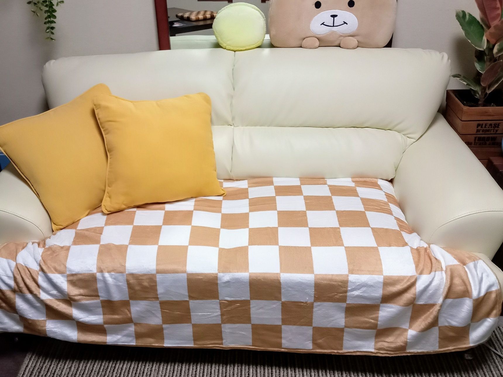 本当は、もう少しソファー全体を写したいのですが、ソファーの背の位置に大きい鏡を置いていて、お部屋全体が見えてしまう為、見にくくてごめんなさい