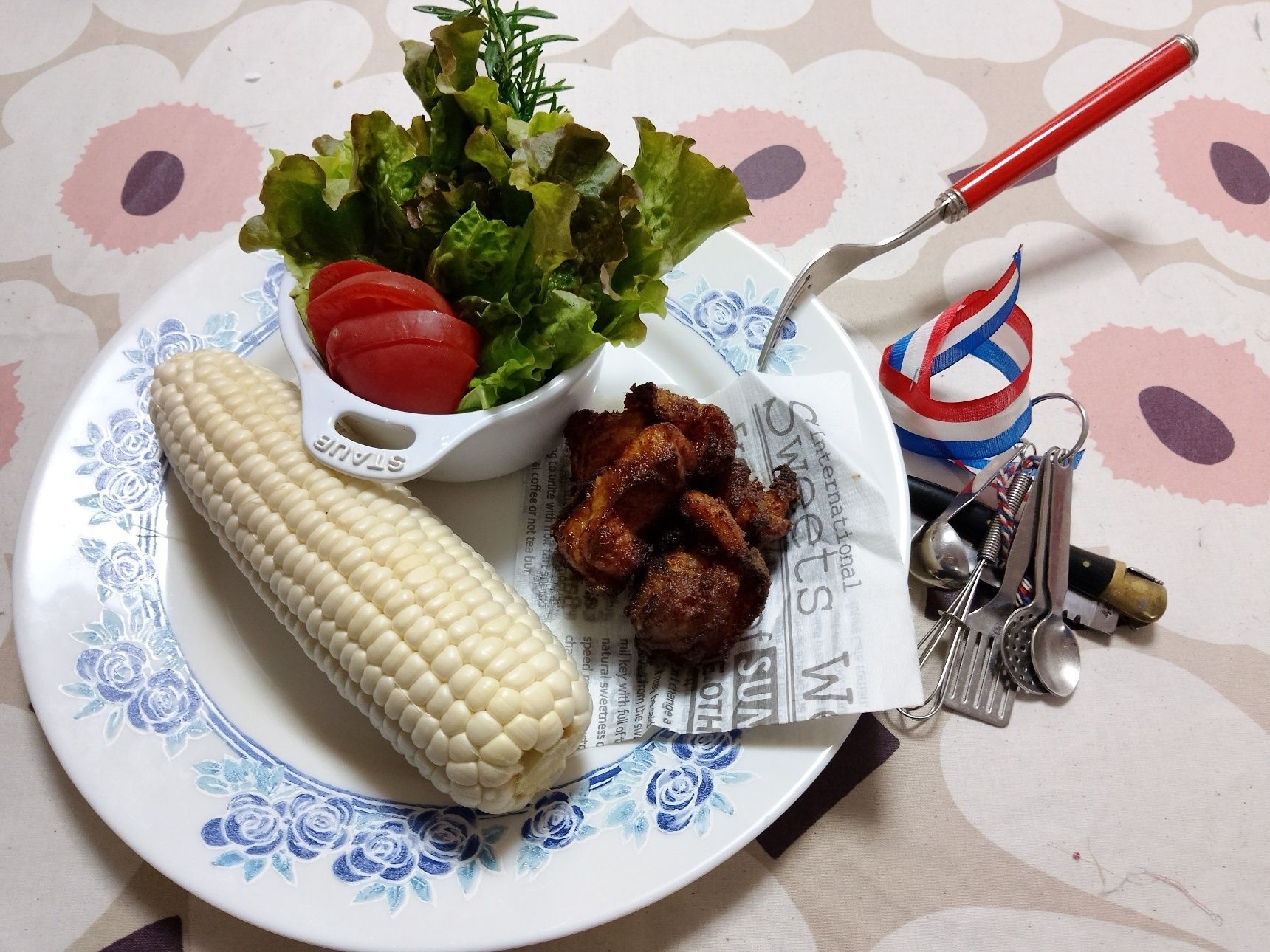 【お家dinner】白い子、さらだ、唐揚げ