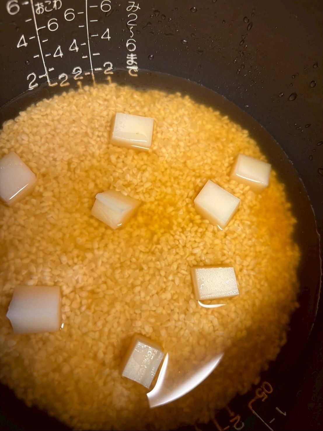 細かく切った餅を入れて、普通に炊飯します。