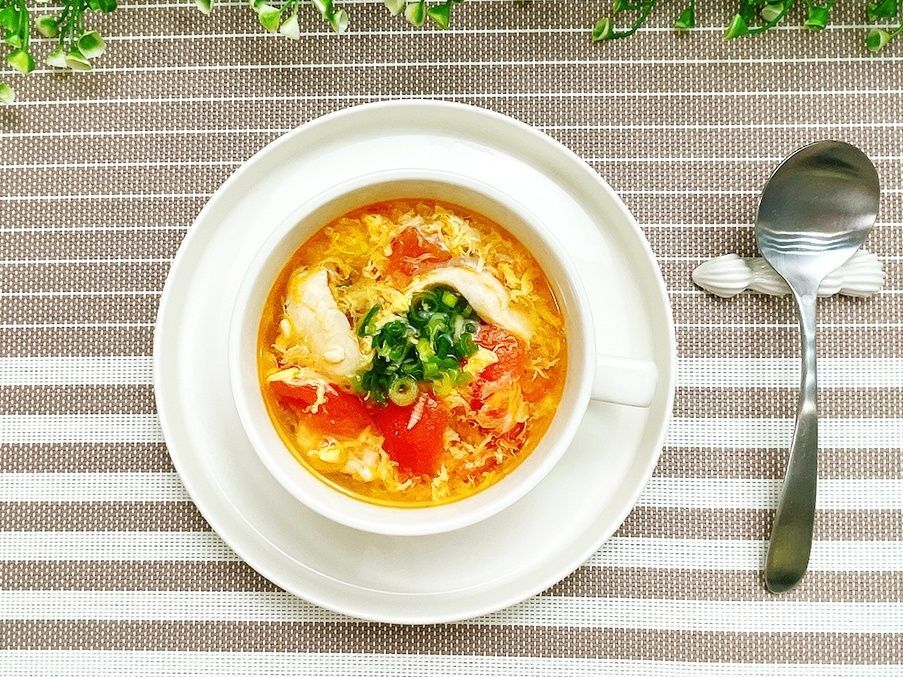 【トマトと鶏ささみのたまごスープ】便利な野菜だし使用！